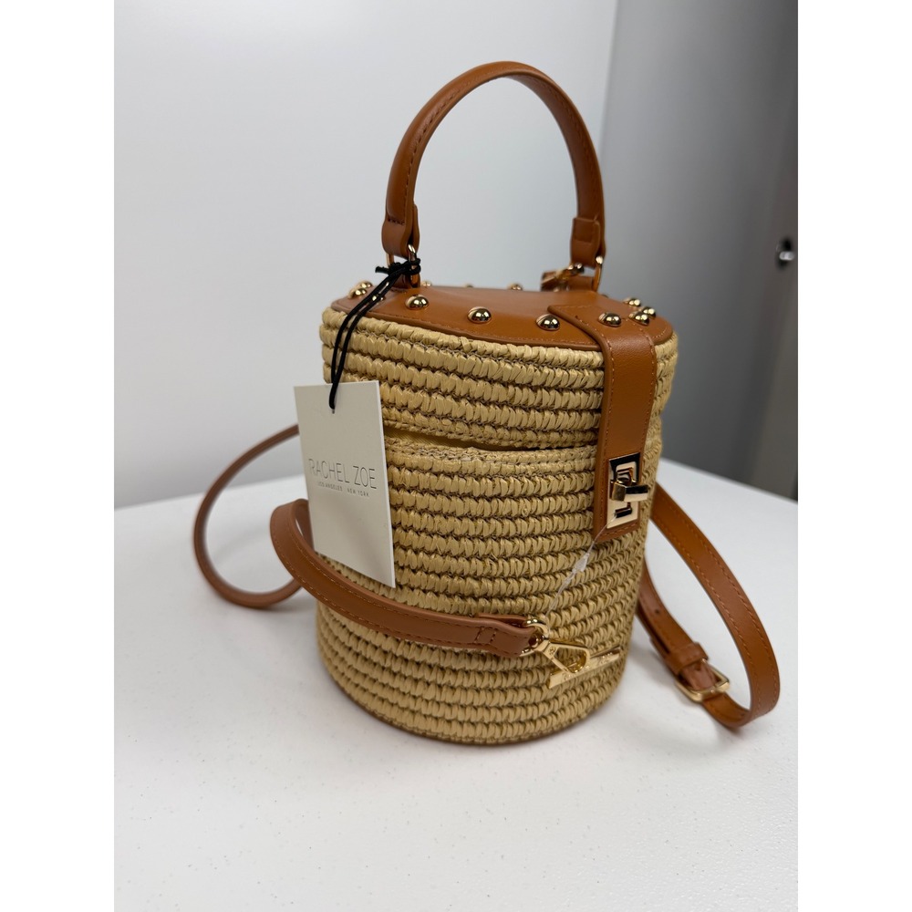 Rachel Zoe Straw Bucket Bag Tan Faux Leather Studded Crossbody Handbag NEW - Picture 2 of 11